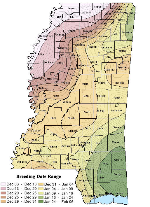 Mississippi White-tailed Deer Simulated Mean Conception Date Map