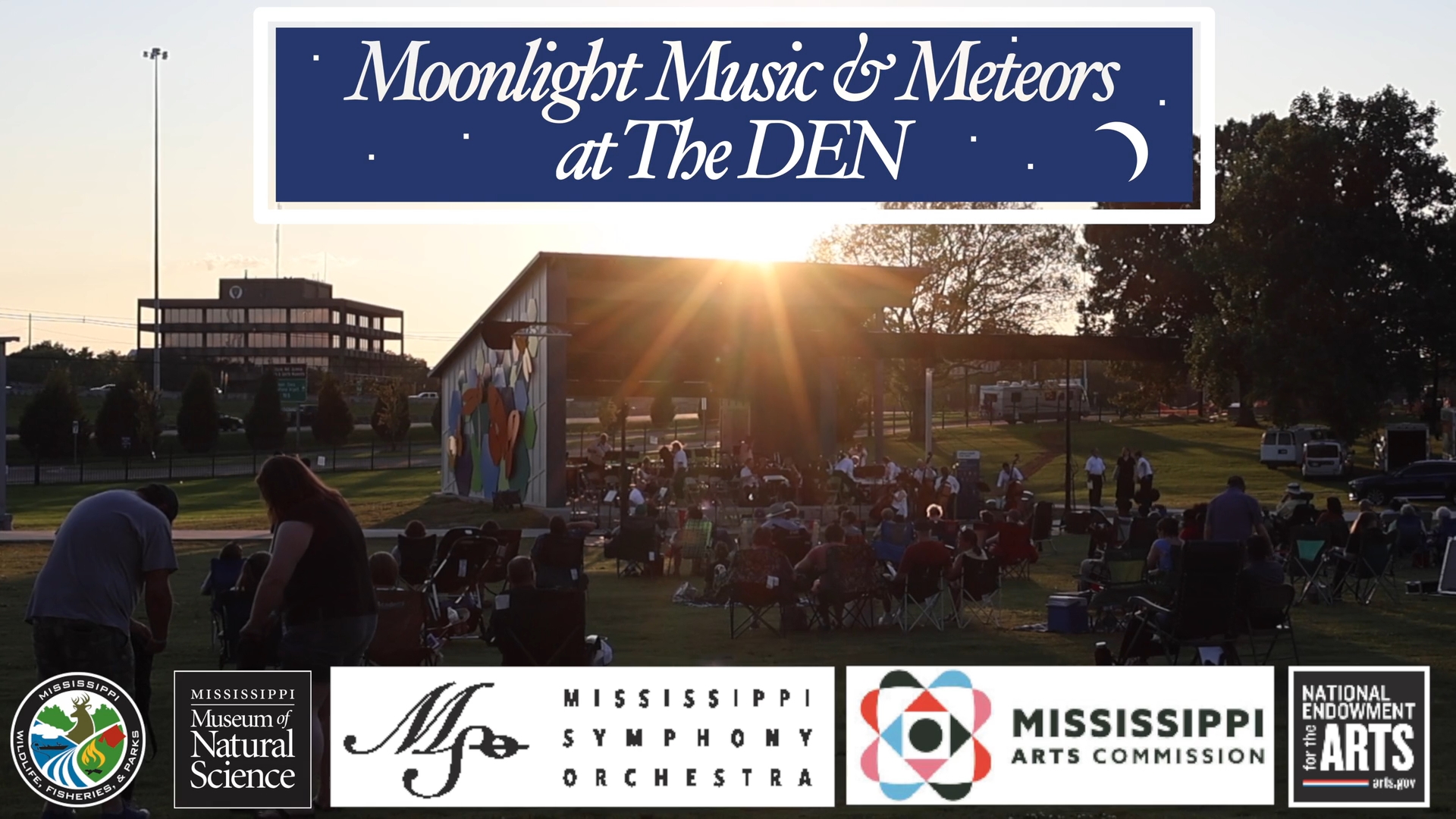 People gather around The Den at LeFleur's Bluff State Park for the Moonlight, Music, and Meteors event