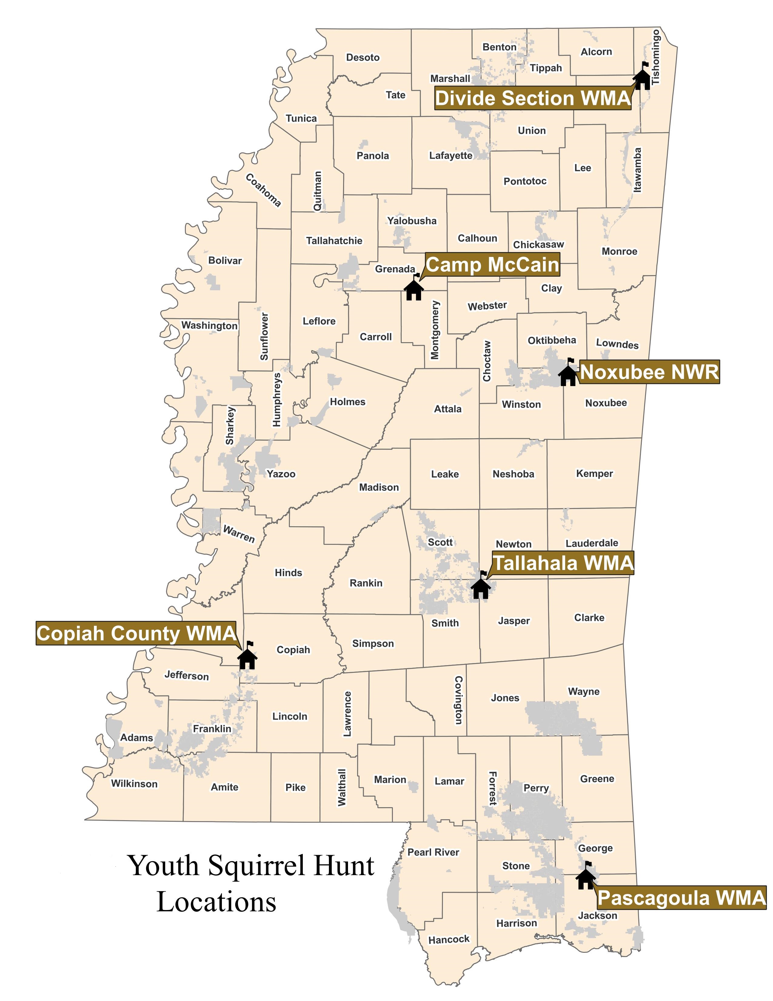 Youth Squirrel Hunt Locations Map