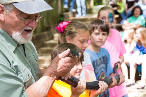 Expert gives a snake demonstration while children help hold the snake