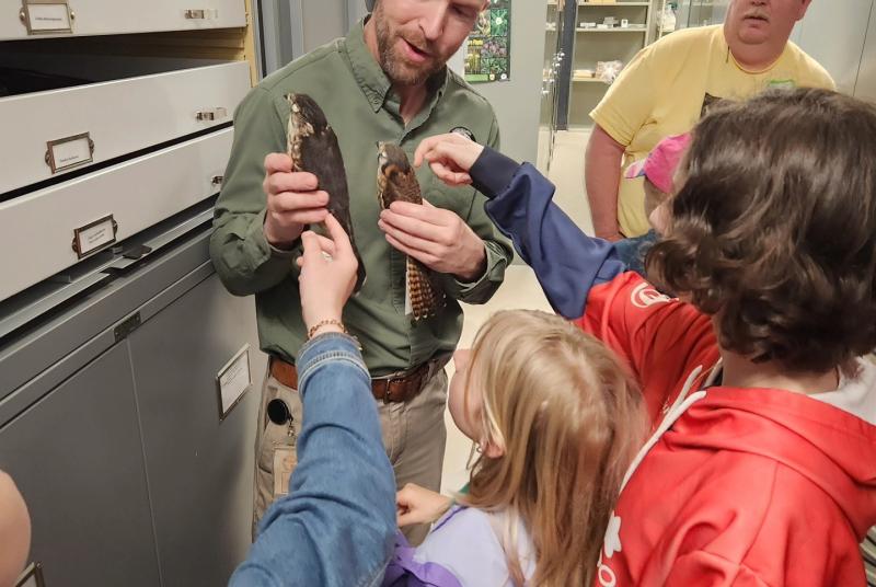 mmns summer campers with ornithologist in museum collections